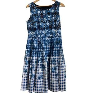 Talbots Blue Floral Gingham Sleeveless Fit and Flare Dress Sz 8 Pleated